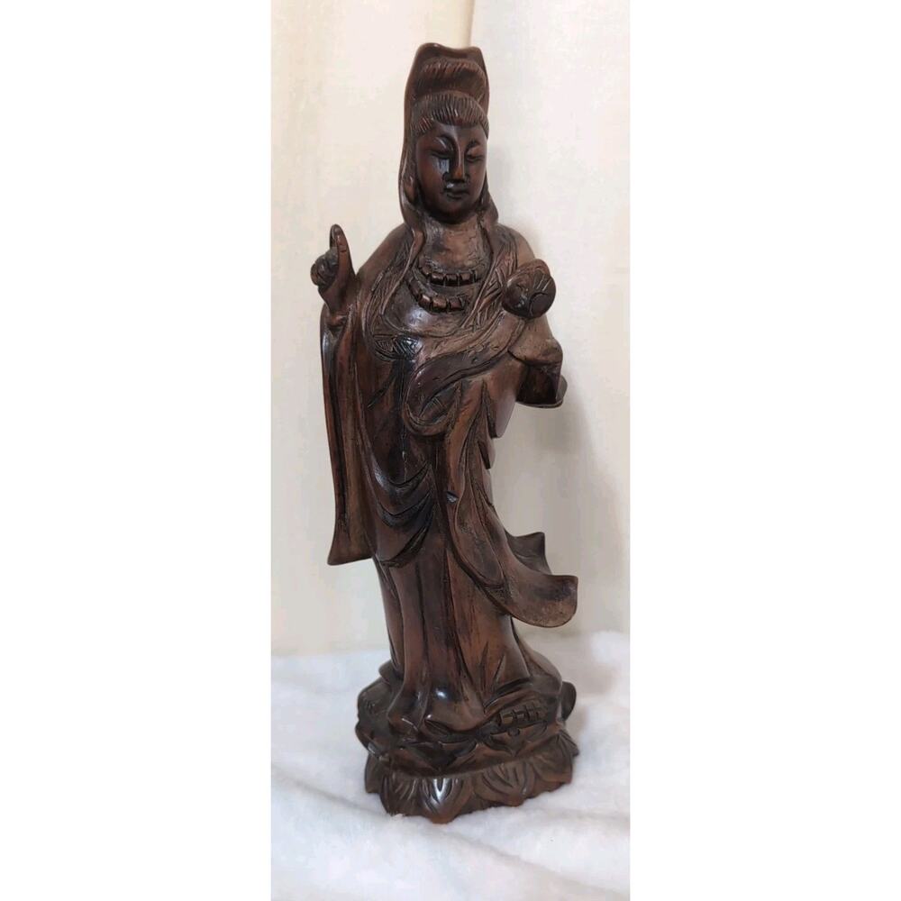 Vintage Hand Carved Solid Wood Standing Kwan Yin/Guanyin Statue 9.5"